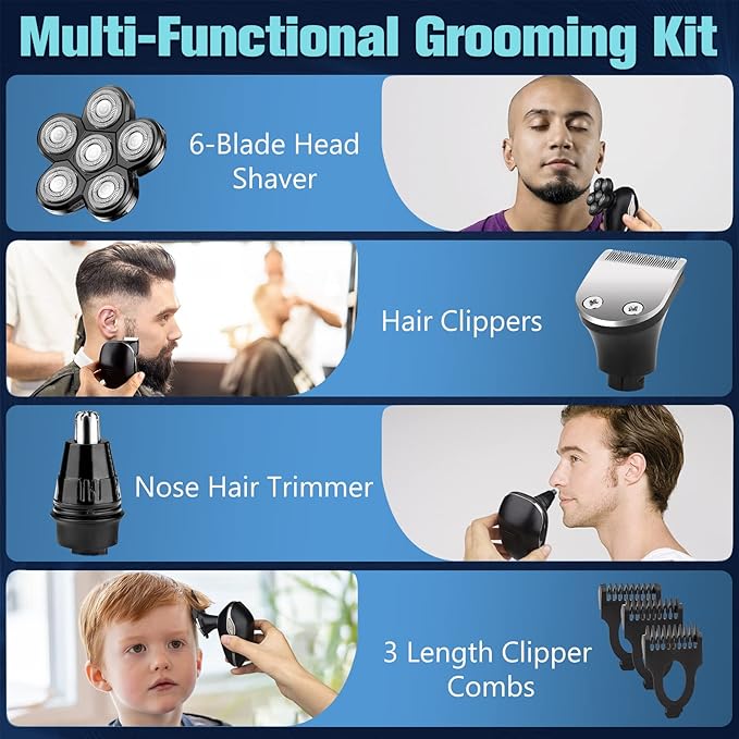 Electric Shaver for Men 6 in 1 Electric Razor for Men IPX7 Wet/Dry Waterproof Men's Shavers Rotary Head with Shavers Kit LED Display Gifts for Husband DadBoyfriend (Silver)