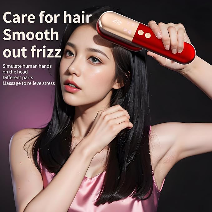 Cordless Hair Straightener Brush 3-Temp Go Brush Pro Vibration Massage Red Light Therapy Dual-Function Comb for Women Fast Heating MCH Ceramic Frizz-Free Smooth Hair Styling (Red)