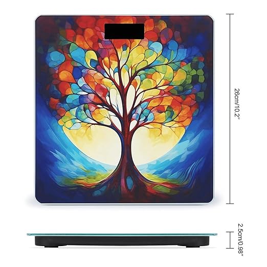 Colorful Tree of Life Scale for Body Weight Safe Rounded Corners Tempered Glass Digital Bathroom Scale LED Display 400lb Capacity Weight Scales with High Precision Sensors