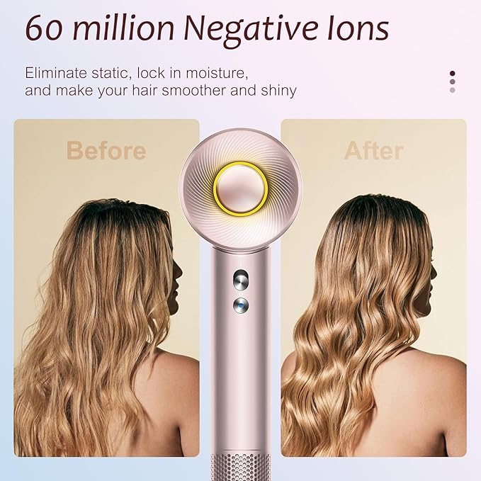 Brushless Powerful Hair Dryer 1600W 110000 RPM Fast Drying High Speed Blow Dryer with Negative Ion Technology Portable Lightweight with Diffuser and Nozzle for Home Salon Travel Pink