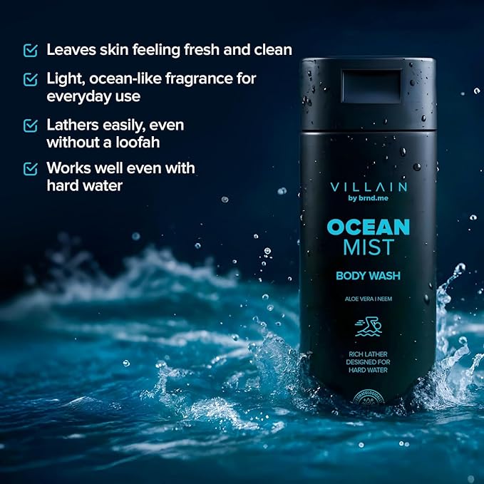 Villain Ocean Mist Body Wash Infused with Hard Water Softener Aquatic fresh Shower Gel for Men Aloe Vera Neem and Vitamin E Hydrating and Energising Skin Friendly Paraben Free Vegan Body Cleanser