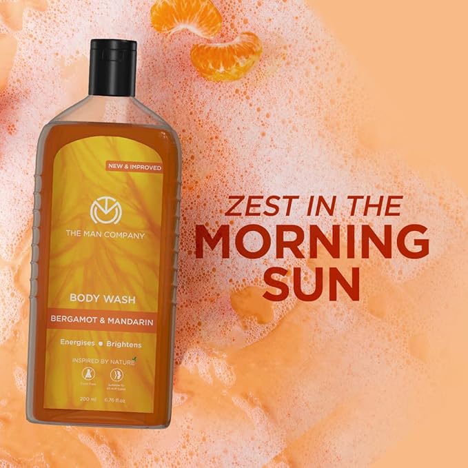 The Man Company Perfumed Body Wash- Bergamot &amp Mandarin | Shower Gel for Glowing &amp Bright Skin | With Turmeric &amp Orange Peel Extract | Long-Lasting Fragrance | Toxin-Free- 200 ml