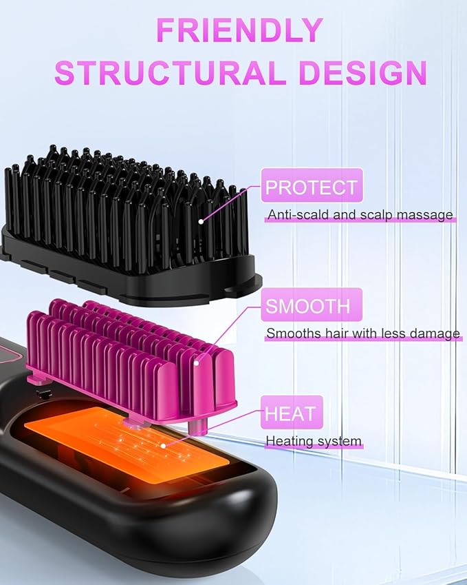 Sunwhisper Cordless Hair Straightener Brush with 200 Million Anion Portable Comb for Travel with LCD Display 2 Clips - Black