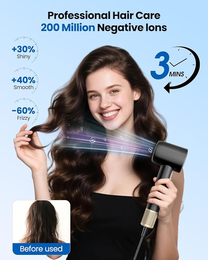 High Speed Hair Dryer Professional Ionic Hairdryer with Brushless Motor for Fast Drying Thermo-Control Quiet Hair Blow Dryer with Magnetic Diffuser for Women &amp Men Home Salon Travel