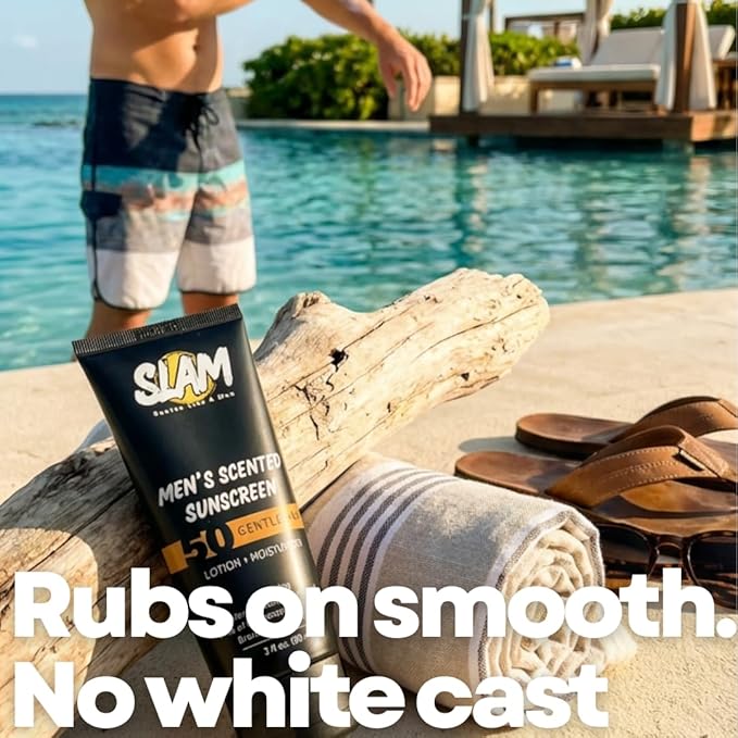 SLAM GentleMan Men's Sunscreen Lotion SPF 50 &amp Moisturizer – Face &amp Body Sunblock Anti-Aging Water-Resistant Hawaii Act 104 Safe Skincare for Men Cologne Scented – 3 fl oz. each. Double p