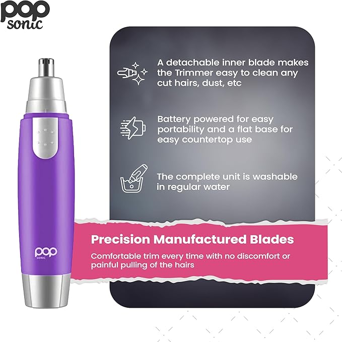 Ear and Nose Hair Trimmer for Men &amp Women (Purple) – Battery Operated Precision Trimmer for Unwanted Hair – Washable Detailer Trimmer w/ Detachable Blade &amp Flat Base – Portable Grooming Tools