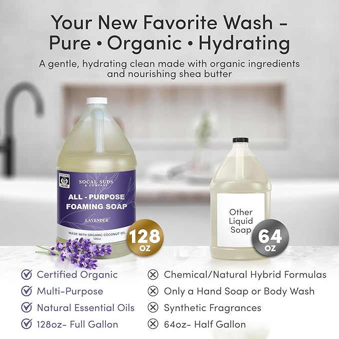SoCal Suds &amp Company 128oz Certified Organic Foaming Hand &amp Body Wash - Gentle Natural BodyBaby &amp Face Wash for Sensitive Skin Moisturizing Soap Hand Soap and More - Lavender