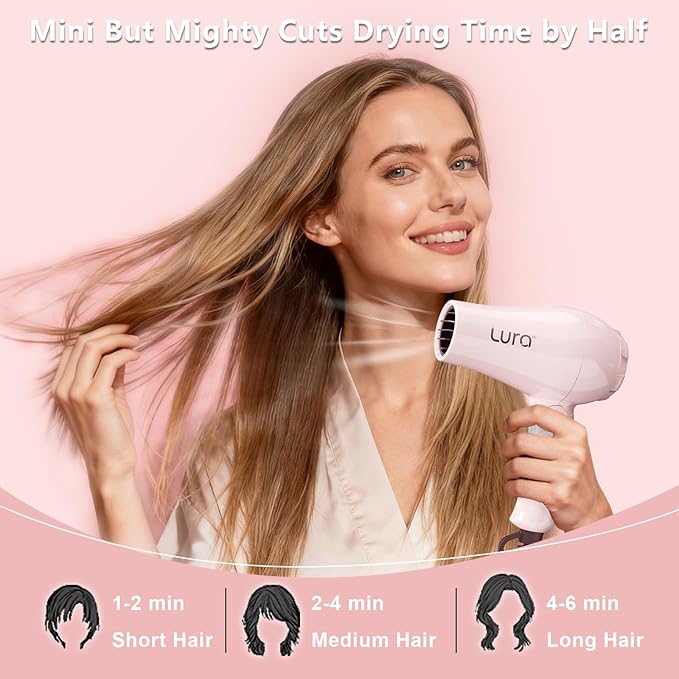 LURA Smart Dual Voltage HairDryer: Mini Travel Hair Dryer for Women1200w Small Portable Blow Dryer with Pouch for Gym(Pink)