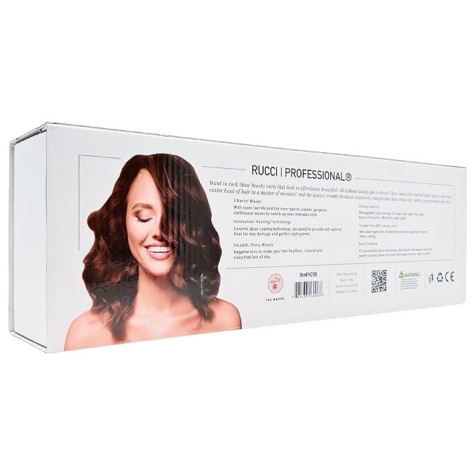 Rucci 3 Jumbo Barrel Curling Iron Wand Crimper Instant Heating Beachwaver Beachy Hair Style Bender in a Matter of Minute Ceramic Long-Lasting Curly Wavy Hair