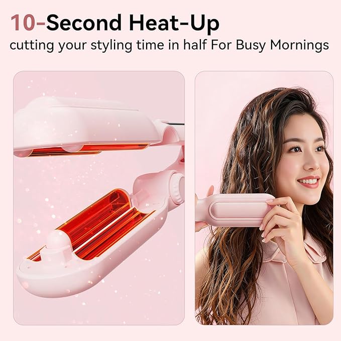 Adjustable Curling Iron Hair Crimper for Women - 1&amp1.25 Inch Waver Tool Creates Beach Waves &amp Tight Curls Anti-Scald Fast Heating Dual Voltage&ampTravel Hair Brush