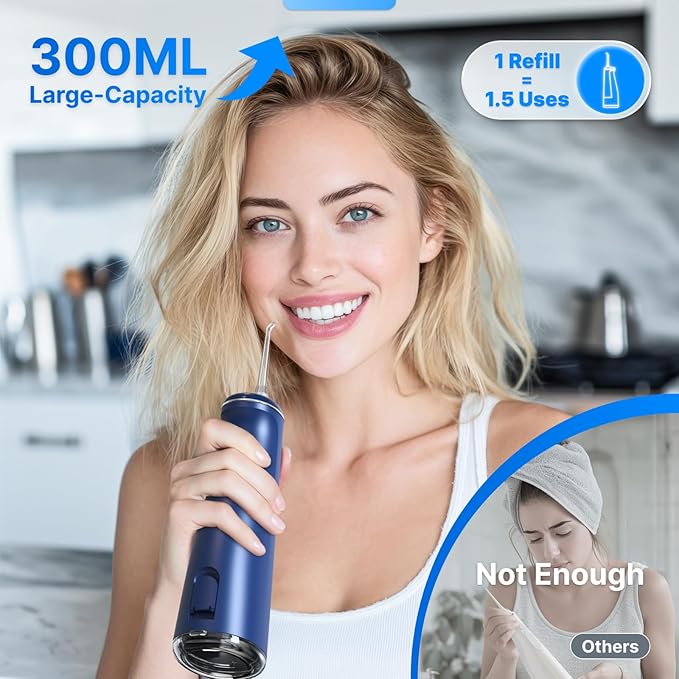 Water Flosser for Teeth Cordless Oral Irrigator Portable Dental Cleaner Picks with 8 DIY Modes 7 Jets 300ml Tank Braces Flossers Rechargeable (Blue)