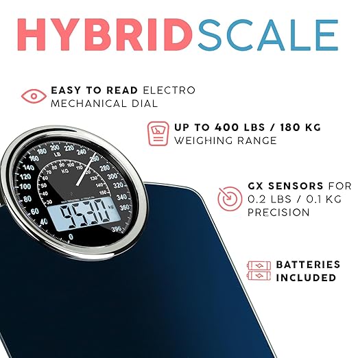 Adamson Hybrid 2-in-1 Analog &amp Digital Weighing Scale for Body Weight up to 400lbs - Thick Tempered Glass - Extra Large Display - Easy to Read Digital Bathroom Scale - Blue with Black Backlight