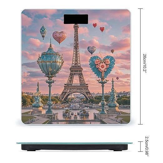 Romantic Paris Eiffel Tower 2 Bathroom Scale for Body Weight Bathroom Weighing Scales with Back Lit LED Display Sturdy Tempered Glass Body Weight Bathroom Scale 400lb Weighing