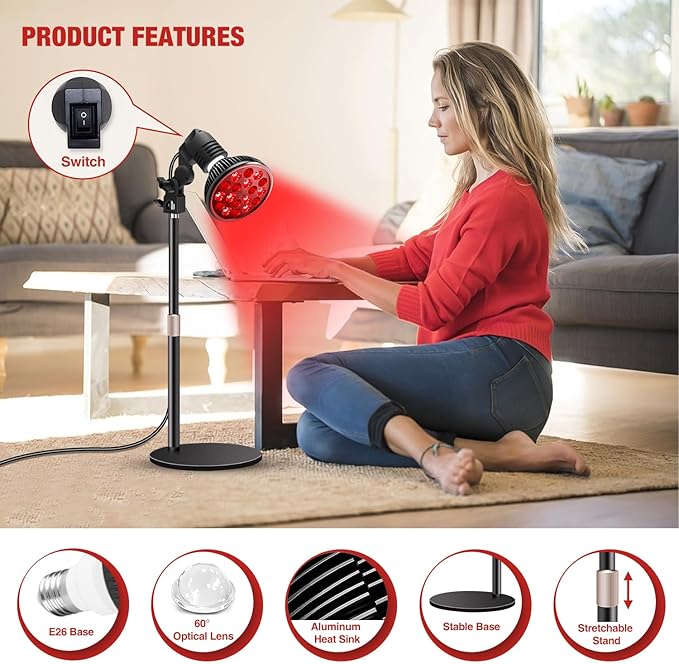 Red Light Therapy Lamp with 16.5 inch Adjustable Stand 660nm Red Light and 850nm Near Infrared Light Combo for Face and Body Use