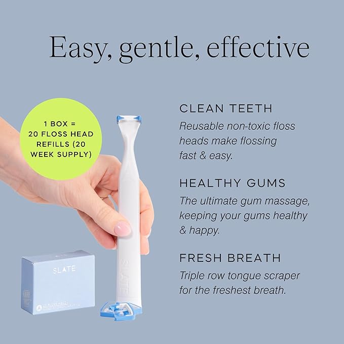 Slate Flosser Refills - Reusable Woven Floss PFAS-Free Non-Toxic Dental Floss | Fits Slate Electric Flosser w/Tongue Scraper &amp Gum Sweeps | 20-Pk Mint Nano-Hydroxyapatite (nHa) Floss Heads