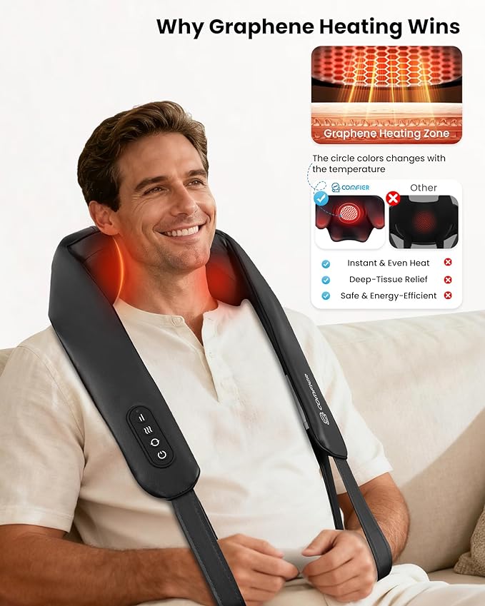 COMFIER Shiatsu Neck Massager with Heat - Cordless 4D Neck and Shoulder Massager for Pain Relief Deep Tissue Graphene Heating Trapezius Muscle Relaxer Massage Pillow Black