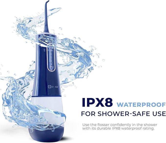 Dr. Aid Portable Water Flosser - Dental Oral Irrigator for Travel with 12Oz Tank Filter 5 Tips Type C Charger - IPX8 Waterproof Electric Flosser - Water Flossers for Teeth Gums Braces (Blue)