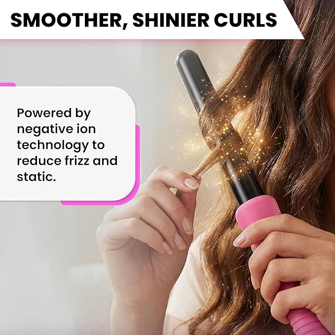 HerStyler Grande Ceramic Curling Iron - 1 inch Pink (Curling Wand for Long Short Hair Dual Voltage Negative Ions Tapered Barrel User Friendly PF30)