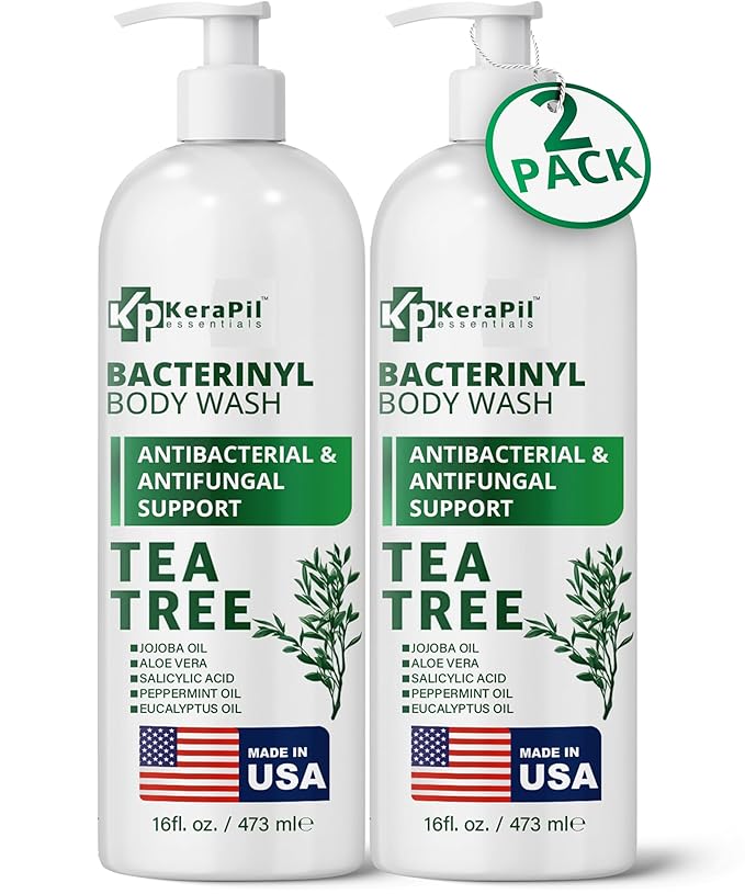 Bacterinyl Tea Tree Oil Body Wash - Antibacterial &amp Antifungal Support for Ringworm Body Odors Athlete’s Foot &amp Acne Helps Soothe Itchy Dry Skin - Made in USA (16 fl oz x 2)