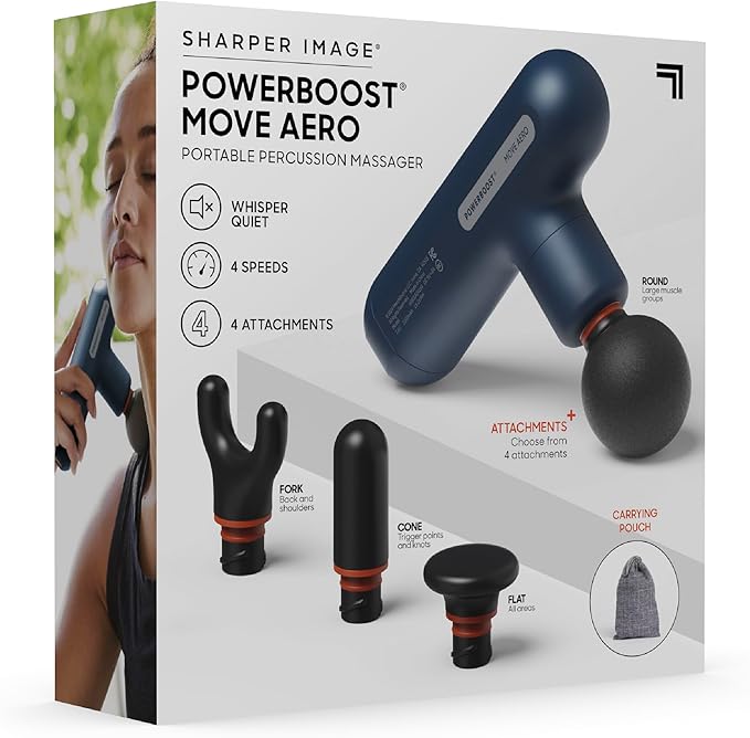 Sharper Image Powerboost Move Aero [New 2026 Version] Mini Deep Tissue Percussion Massage Gun| Muscle Recovery &amp Pain Relief Massage Tool| Full Body Back &amp Shoulder Massager| Travel Gift for M