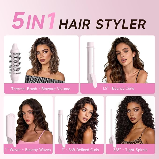 5 in 1 Interchangeable Ceramic Curling Iron Set with Cool Air &amp Ionic Care Fast Heating 3/8 1 1.5 Long Barrel Curling Wand Crimper &amp Thermal Curling Brush Dual Voltage 250℉–410℉