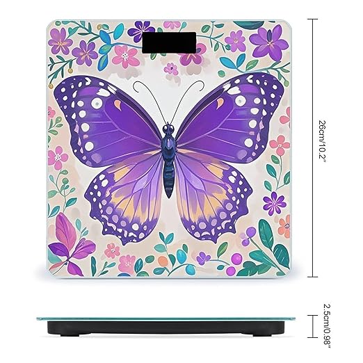 Cute Purple Butterfly Bathroom Scale for Body Weight with High Precision Large LCD Backlight Display Digital Weighing Scale with BMI Capacity Up to 180kg