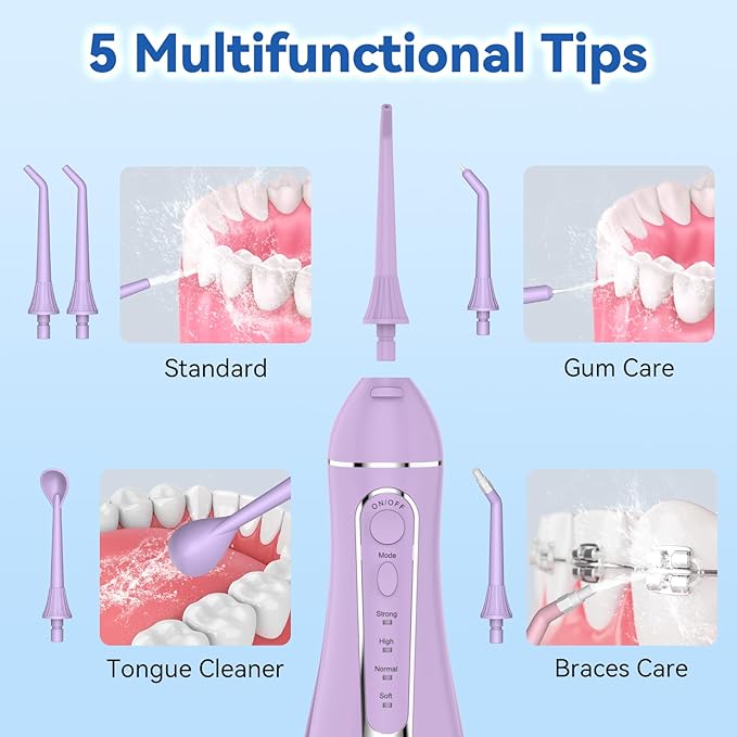 Cordless Portable Water Flosser with 300ML Tank: Rechargeable Oral Irrigator with 5 Tips for Travel Braces Care and Sensitive Gums IPX7 Waterproof Teeth Cleaning Device(Purple)