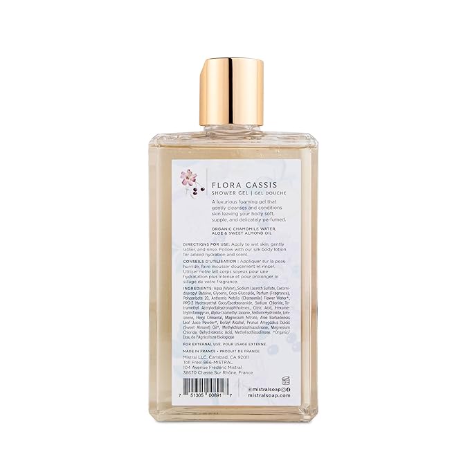 Mistral Flora Cassis Luxe Shower Gel - Body Wash for Women – Moisturizing Clean Body Wash with Aloe Vera Chamomile &amp Sweet Almond Oil | Paraben-Free Hydrating | Scented Shower Gel - 8.7 fl oz