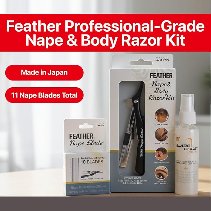 Feather - Nape and Body Razor Kit – Professional Use Hair Cutting Tool - Includes Nape Razor 10 Nape Blades &amp 2 oz Blade Glide – Ideal for Nape Sideburns Eyebrows and Bikini Line – Made in Jap