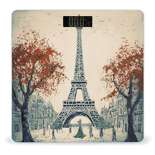 Paris City Tree Eiffel Tower Art Scale for Body Weight Anti-Slip Tempered Glass Digital Bathroom Scales Clear LCD Display Weighing Scale Safe Rounded Corners Smart Scales