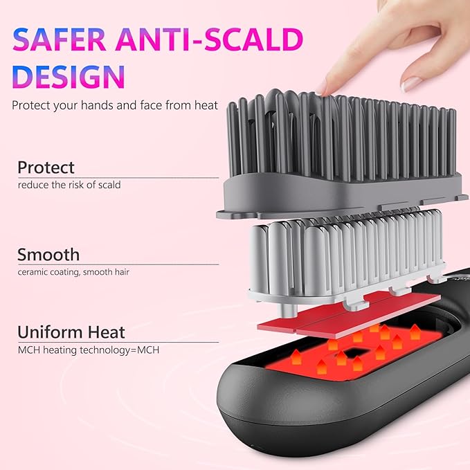 LCD Screen Cordless Hair Straightener and Curler 2 in 1 Rechargeable Portable Mini Travel Negative Ionic Hair Straightening Brush for Women Fast Heating Hot Comb for Women Black