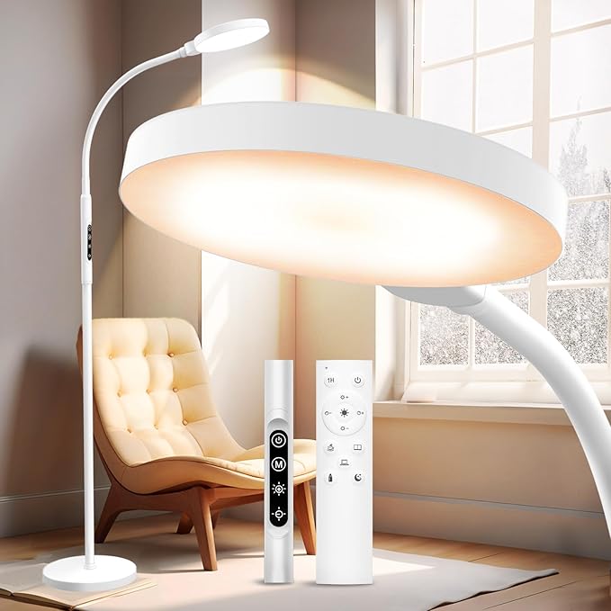 Light Therapy Lamp 3 in 1 Therapy Floor Lighting 11000 Lux Full Spectrum Therapy Lamps UV-Free LED Sunlight 10 Brightness/5 Color/Gooseneck/Height Adjustable Timer Control White