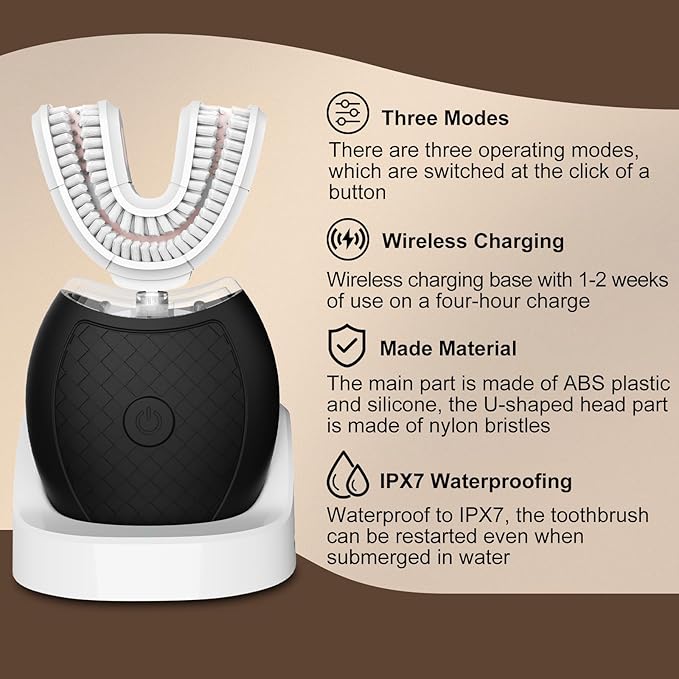 Electric Toothbrush for Adults360 Degree Cleaning Sonic Toothbrush U Shaped Tooth Brush has 23760 Nylon Bristles Sonic Automatic with 3 Modes Standard Fast Ultra Fast(Black)