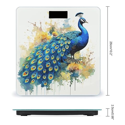 Peacock Watercolor Painting Bathroom Scale for Body Weight Bathroom Weighing Scale with Backlit LCD Display Highly Accurate Measures Weight Up to 180kg