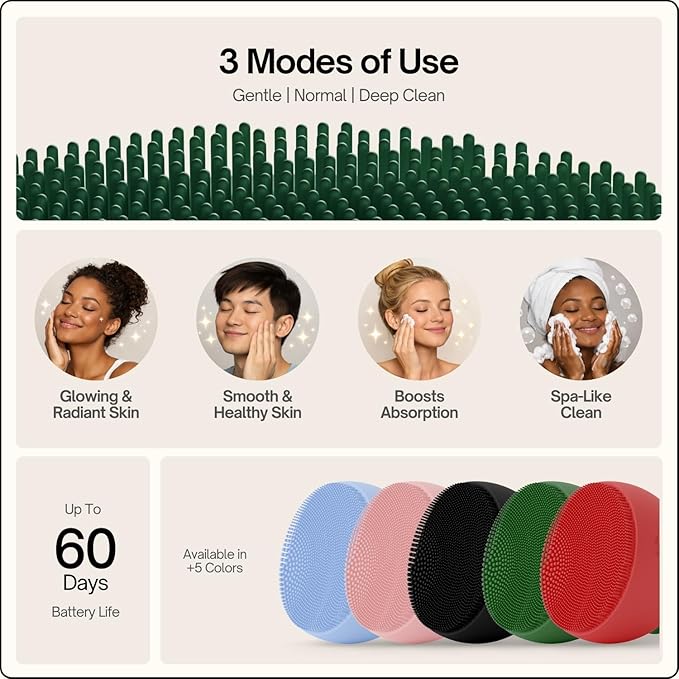 Palm Face Clean Pro⁺ - Electric Silicone Face Scrubber for Acne with 7000+ Sonic Pulses - IPX7 Waterproof Rechargeable Exfoliator with Slip-Free Grip 3 Speed Settings &amp Phthalate-Free - Forest