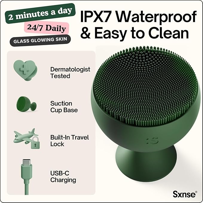Palm Face Clean Pro⁺ - Electric Silicone Face Scrubber for Acne with 7000+ Sonic Pulses - IPX7 Waterproof Rechargeable Exfoliator with Slip-Free Grip 3 Speed Settings &amp Phthalate-Free - Forest