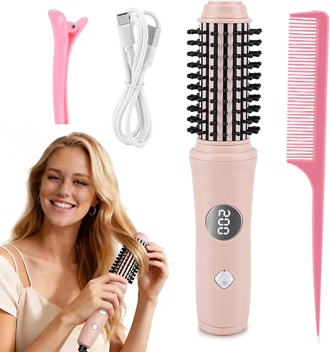Cordless Curling Iron Brush for All Hairs Hot Hair Comb for Travel USB Recharged Ceramic Curling Wand Electric Heated Round Brush with 10 Temp Mini Dual Straightener Tools for Short Long Hairs