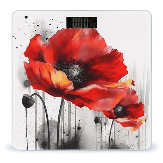 Beautiful Poppy Flower Ink Scale for Body Weight Safe Rounded Corners Tempered Glass Digital Bathroom Scale LED Display 400lb Capacity Weight Scales with High Precision Sensors