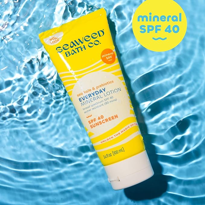 Seaweed Bath Co. Everyday Mineral SPF 40 Broad Spectrum Sunscreen Lotion 3.4 Ounce Sustainably Harvested Seaweed Sea Kale Prebiotics