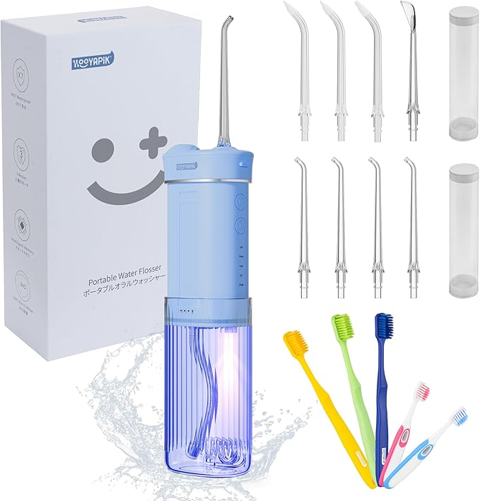 Portable Mini Water Flosser 225ML Long-Lasting Endurance Travel Cordless Oral Irrigator for Gum Care/Implants/Braces (Blue(8Tips))