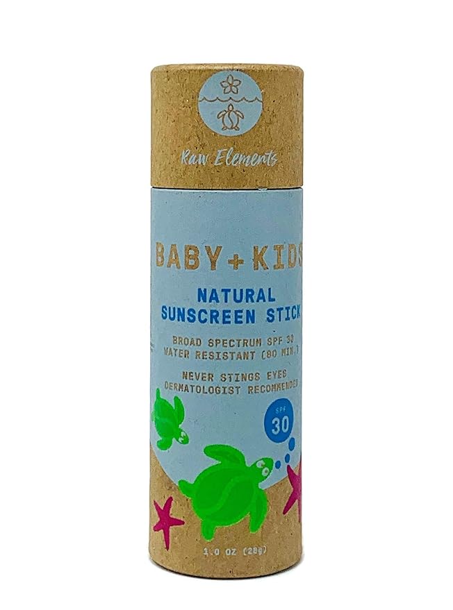 Raw Elements Baby + Kids SPF 30 Organic Sunscreen Zero-Waste Bundle with Lotion Tin 3oz Lotion Stick 1oz and Hemp Drawstring Bag