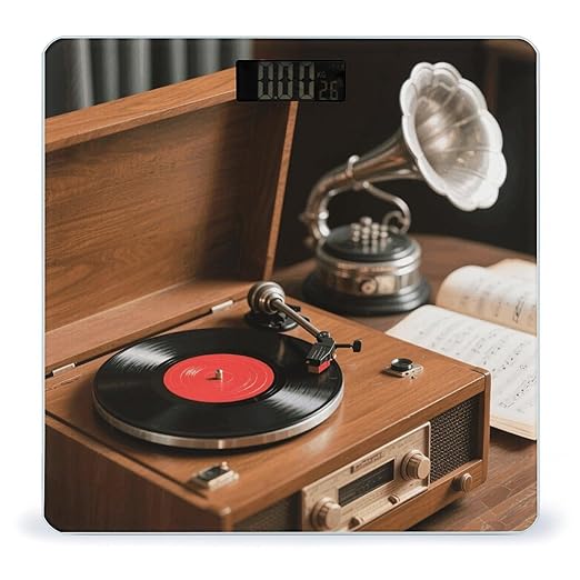 Vintage Record Player Scale for Body Weight Sturdy Tempered Glass Weighing Scales with LCD Display Accurate Digital Bathroom Scale Convenient Body Fat Smart Scales Easy Read