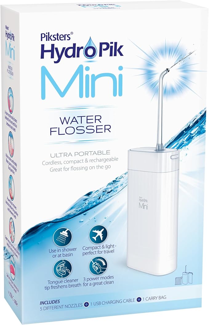 Piksters HydroPik Mini Water Flosser for Travel – Portable Cordless Oral Irrigator with USB-C Charging 3 Pressure Modes &amp 5 Tips Compact &amp Lightweight for On-The-Go Dental Care White