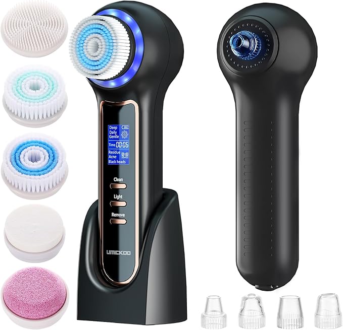 Electric Facial Cleansing Brush with LCD Screen 3-in-1 Face Scrubber &amp Optional Blackhead Remover Rechargeable IPX7 Waterproof Gentle Daily &amp Deep Cleaning for All Skin Types