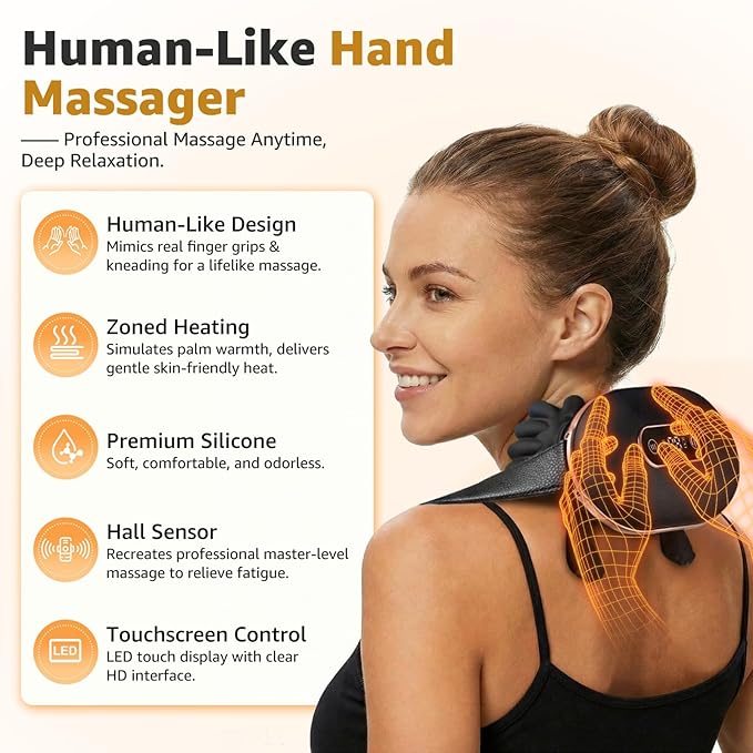 Neck and Back Massager with FingersBionic Real Palm Massager with HeatElectric Cervical Massage for Shoulder 4D Deep Tissue KneadingBalanced PressureIdeal for OfficeHomeTravel &amp Gifts (Blac