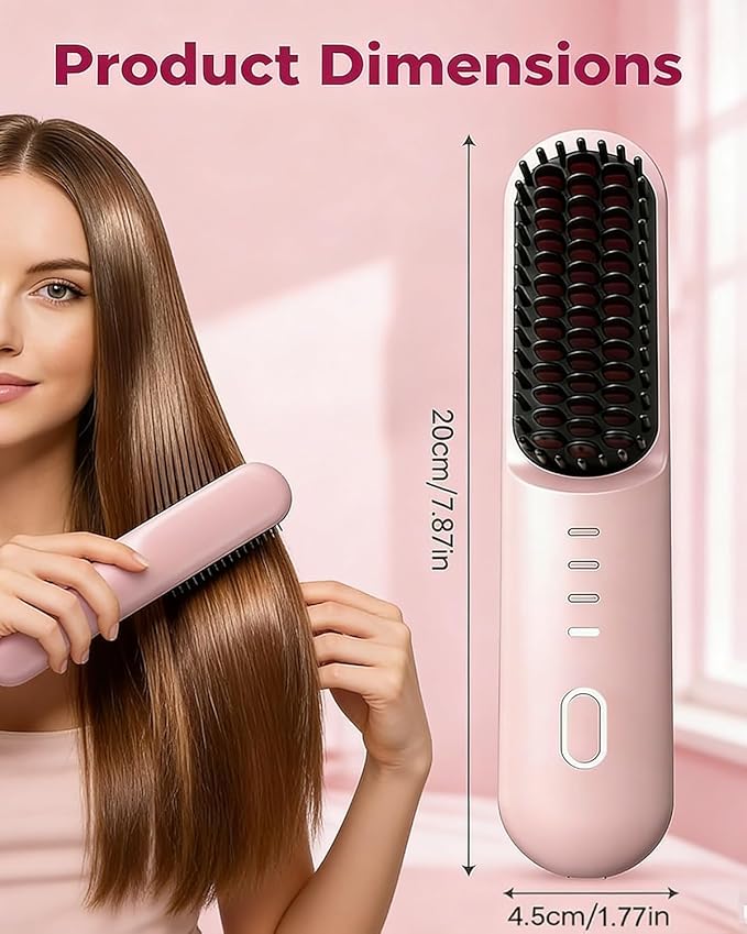 2026 Upgraded Portable Cordless Hair Straightening Brush Fast Heating &amp USB-C Rechargeable Wireless Mini Hair Straightener Styling Brush for Women Short Hair Travel 3 Temperature Settings(Pink)
