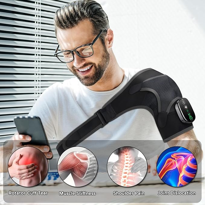 Shoulder Heating Pad Massager Cordless Heated Shoulder Wrap with Massage Heated Shoulder Brace for Pain Relief 3 Heat Vibration Levels Shoulders Support for Men Women