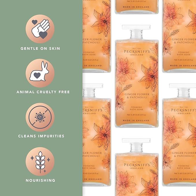 Pecksniff’s GingerFlower &amp Patchouli Foaming Bath Soak – Luxury Bubble Bath 1L / 33.8 fl oz Made in England