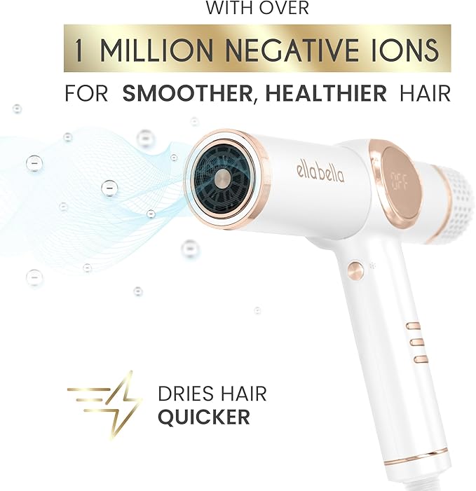 ELLA BELLA® Professional Ionic Hair Dryer with Diffuser • Negative Ion Blow Dryer • Suitable All Hair Types • Intelligent Heat Control &amp Rapid Drying Speeds • Lightweight Design • Low Noise Techno