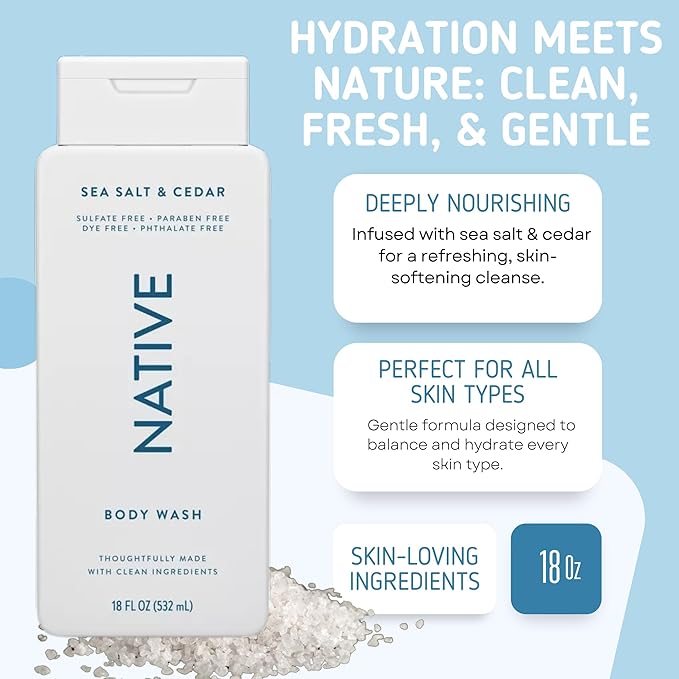Native Body Wash 2 Pack - Sandelwood and Shea Butter &amp Sea Salt and Cedar 18oz Clean Body Cleanser Sulfate-Free Paraben-Free Formula for All Skin Types